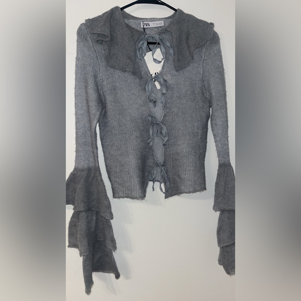 Gray Lace-Up Sweater with Bell Sleeves